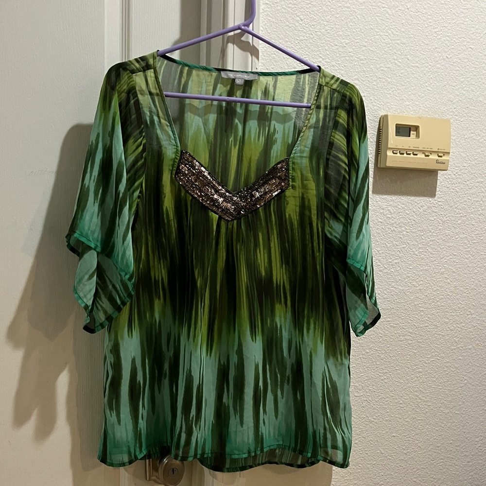 NY Collection Green and Black Sheer Top  with Sequin Detail Size L